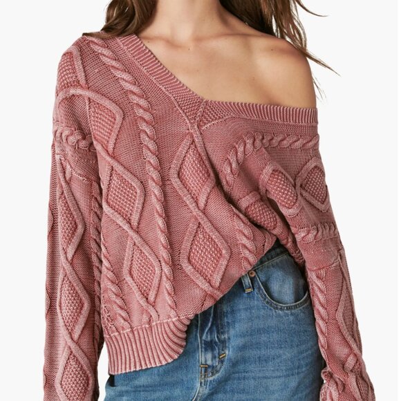 Lucky Brand Cable Stitch V-Neck Sweater (XS, Pink/Red) - Picture 1 of 11